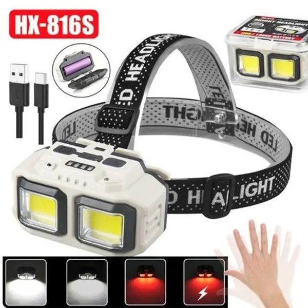 Ліхтар налобний HX-816S-2COB(white+red), Waterproof, датчик руху HX-816S фото