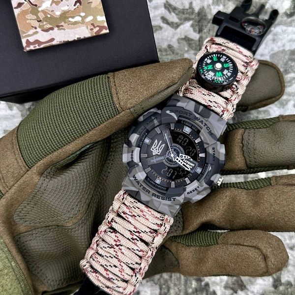 Patriot 005 Тризуб срібло Сірий камуфляж Паракордовий ремінець Desert Camo + Короб 1201-0400 фото
