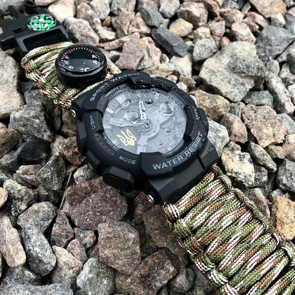 Patriot 005 Тризуб золото Чорний Паракордовий ремінець Camo Green + Коробка 1201-0404 фото