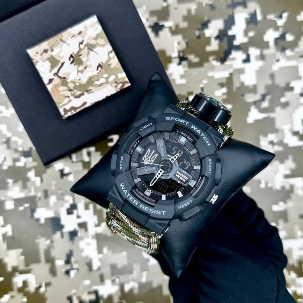 Patriot 005 Тризуб срібло Чорний Паракордовий ремінець Camo Green + Коробка. 1201-0403 фото
