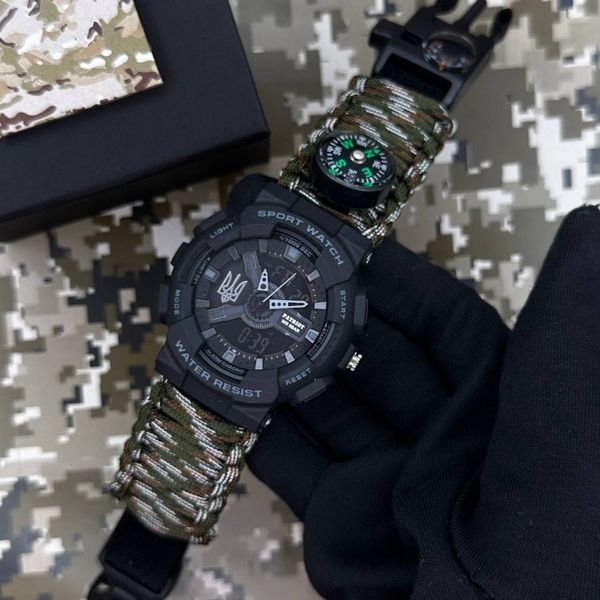 Patriot 005 Тризуб срібло Чорний Паракордовий ремінець Camo Green + Коробка. 1201-0403 фото